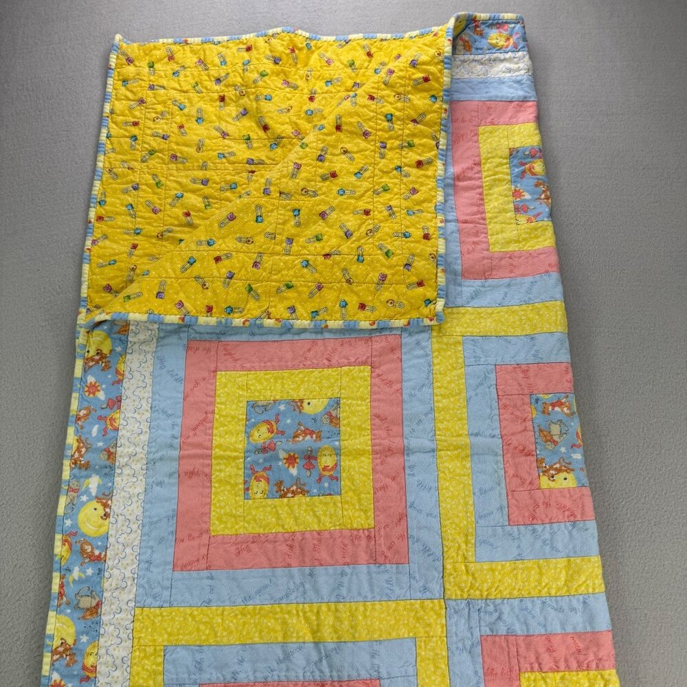 Vintage Handmade Baby Blanket Patchwork Quilt Nursery Rhymes Safety Pin Fabric
